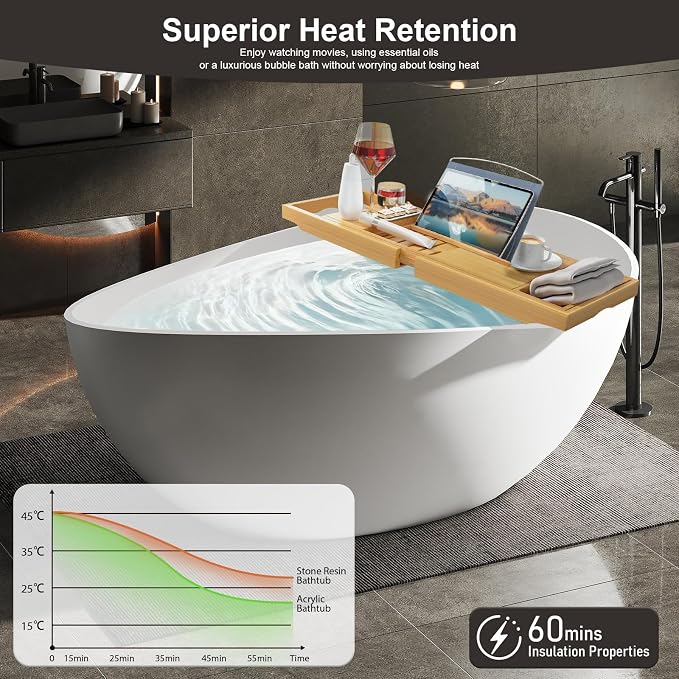 63 Inch Stone Resin Freestanding Bathtub, Modern Oval Soaking Bathtubs Tubs - Image 2