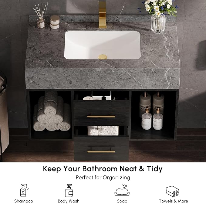 KunMai 35.4" Black Floating Bathroom Vanity - Image 3