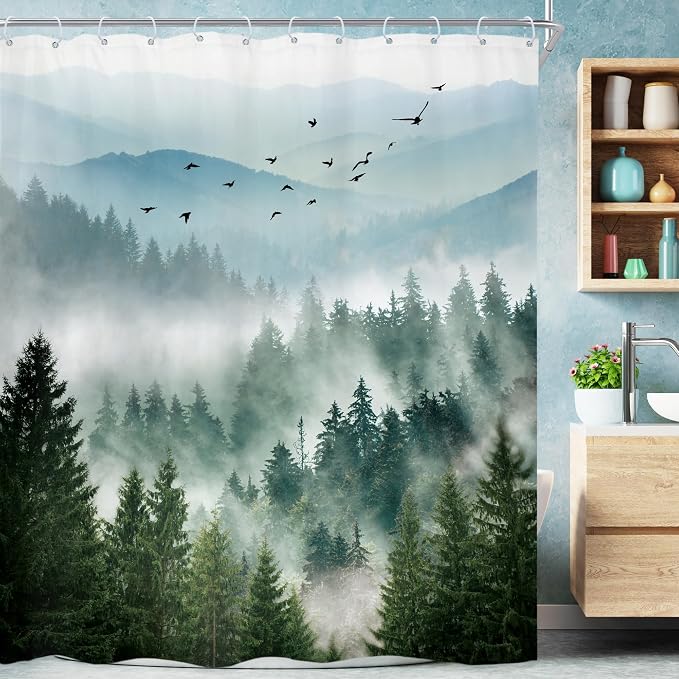 Riyidecor Green Mountain Shower Curtain 72Wx84H Inch Extra Long Nature Scenery by Riyidecor