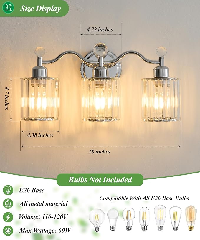Modern Crystal Bathroom Vanity Light, 3-Lights Bathroom Light Fixtures - Image 2