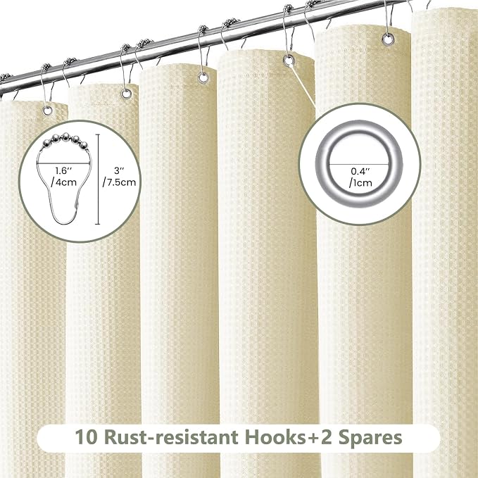Inhousolu Fabric Shower Curtain Waffle Weave, 230 GSM Heavy Duty, Weighted Hem - Image 2