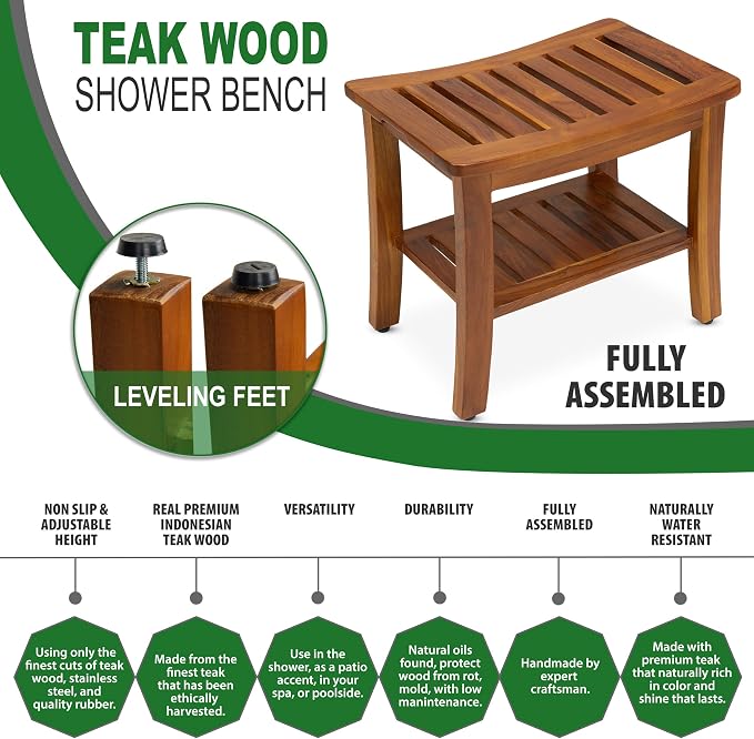 Teak Shower Bench 21 Inch, Fully Assembled Wood Bath Stool - Image 2