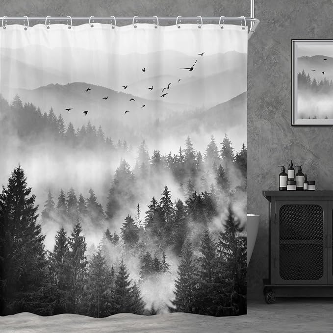Riyidecor Black and White Shower Curtain 72Wx72H Inch Mountain Scenery Nature - Image 2