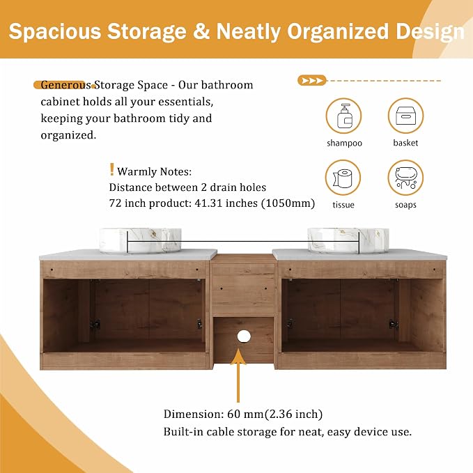 Malwee 72" Floating Bathroom Vanity - Image 5