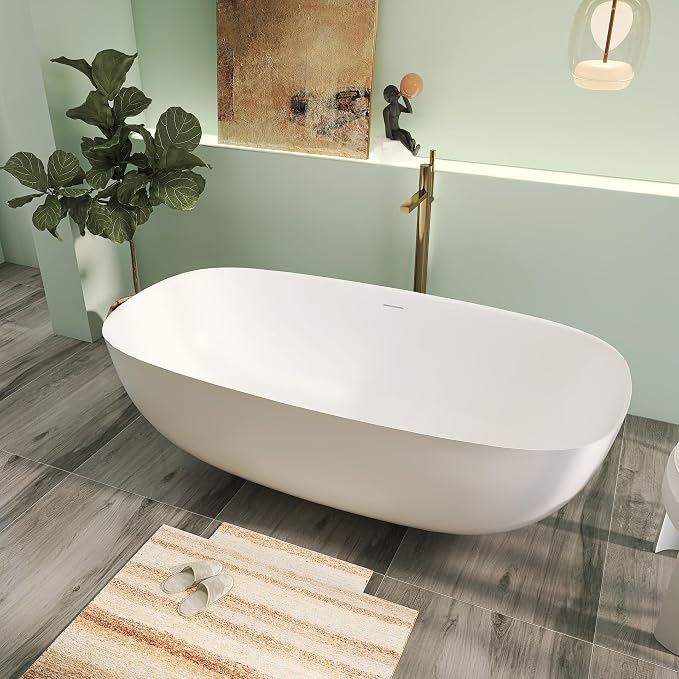 67" Upgraded Modern Solid Surface Free Standing Tub, Unique Matte White Stone - Image 3