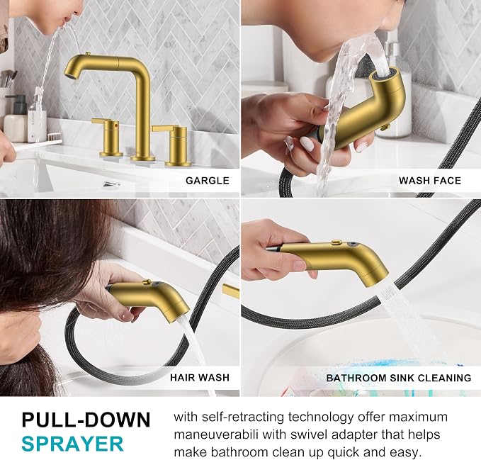 KENES Brushed Gold Pull Down Bathroom Faucet, 8 Inch 2 Handle Widespread - Image 9