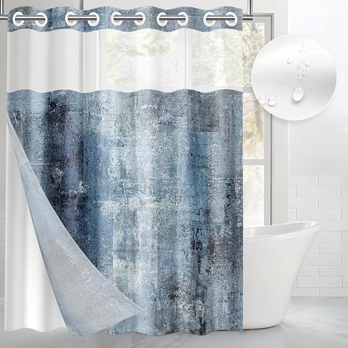 No Hook Grey Navy Blue Painting Shower Curtain by Nesphy