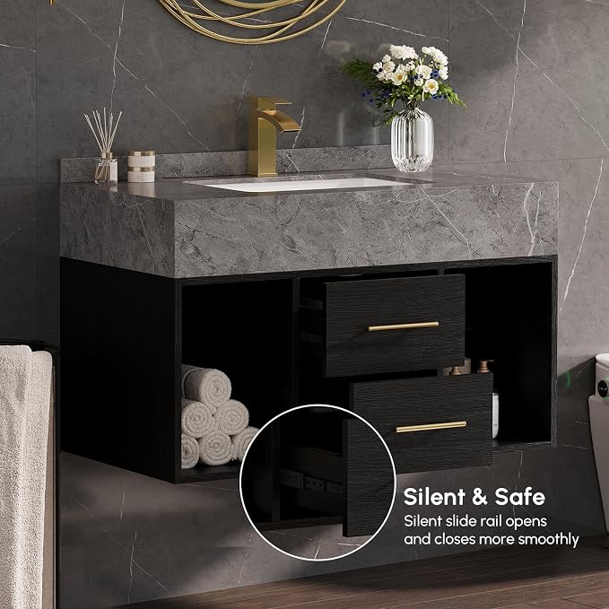KunMai 35.4" Black Floating Bathroom Vanity - Image 8
