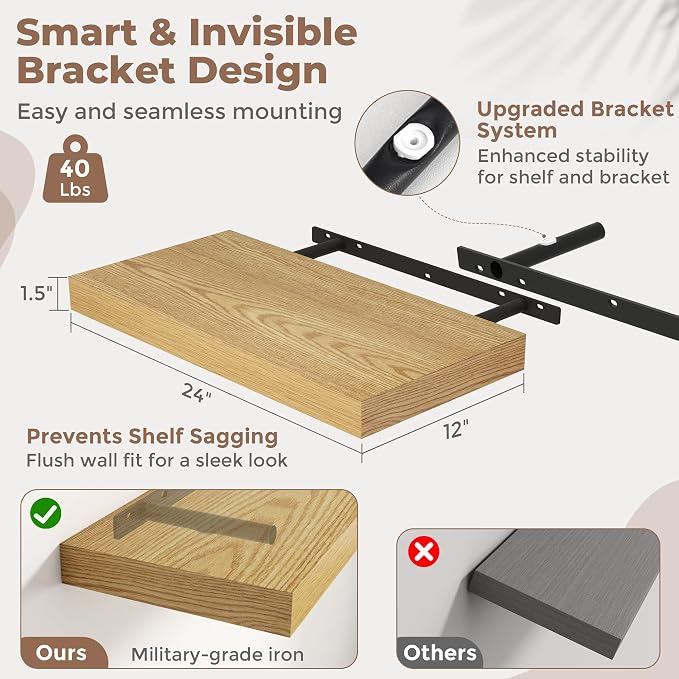 24 Inch Floating Shelves for Wall Set of 2, Easy Install Engineered Wood - Image 3