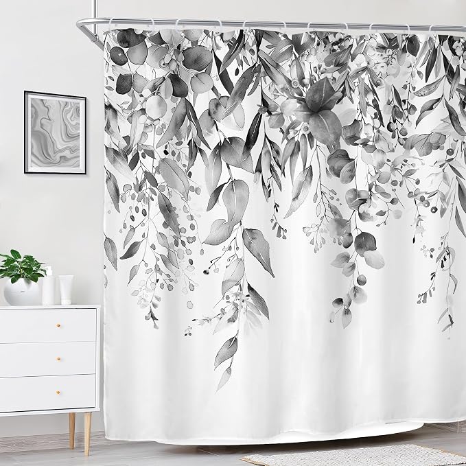 Riyidecor Black White Eucalyptus Shower Curtain - Image 3