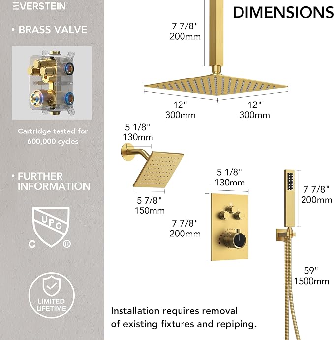 Ceiling Mount 12" High-Pressure Rainfall Shower Faucet, Dual Rainfall Shower - Image 4