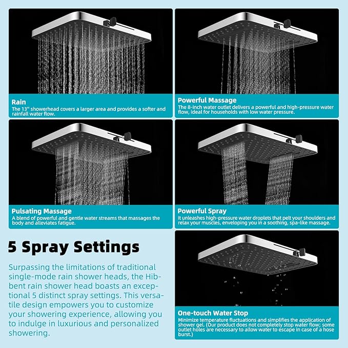 Hibbent 5 Spray Modes Shower Head, Large Rainfall Showerhead - Image 2