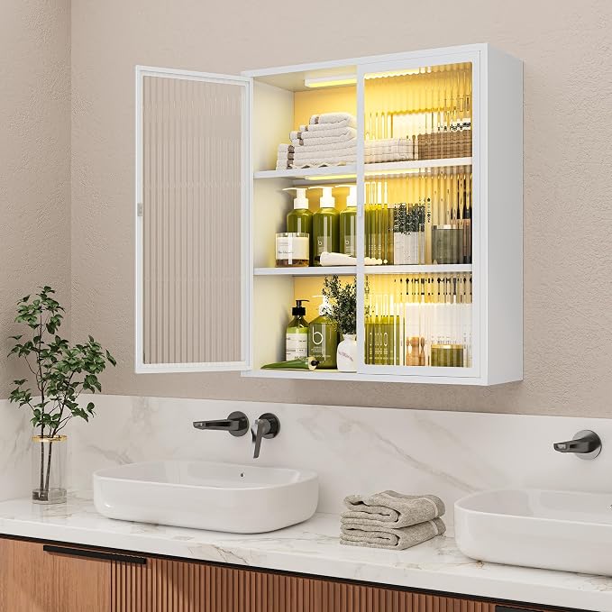 Bathroom Medicine Cabinet with Glass Doors & Sensor LED Lights, Over Toilet - Image 9