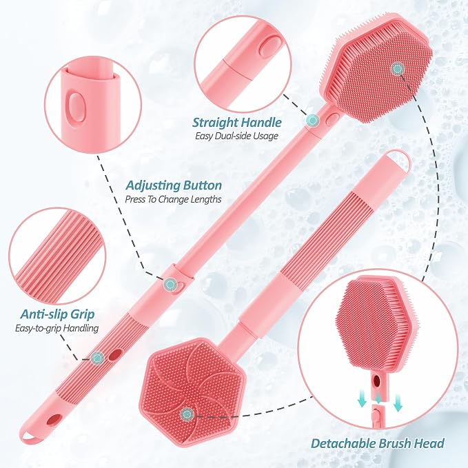 Silicone Back/Face Scrubber & Bath Glove Set 3PCS, Extendable Back Scrubber - Image 3