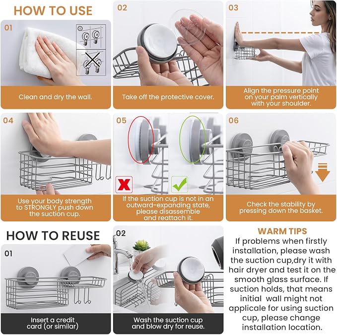 LEVERLOC Shower Caddy Suction Cup, Heavy Duty Bathroom Organizer - Image 7