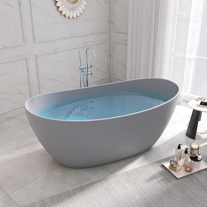 SJ STAR&JANE 65" Solid Surface Freestanding Bathtub Stone Resin Soaking Tub - Image 2