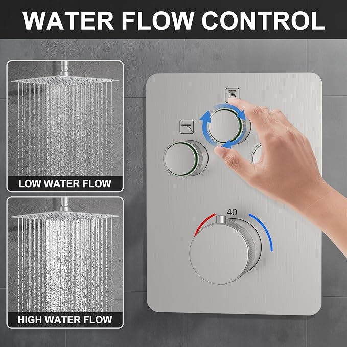 KOJOX Brushed Nickel Thermostatic Shower System, Push Button Diverter Shower - Image 4
