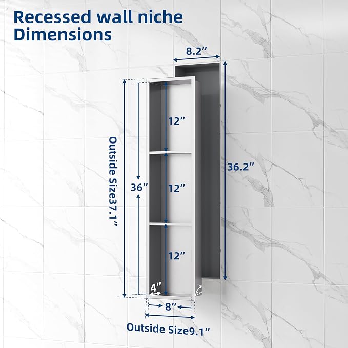 Neodrain 8X36 Inch Brushed Three Layers Stainless Steel Shower Niche, NO Tile - Image 3