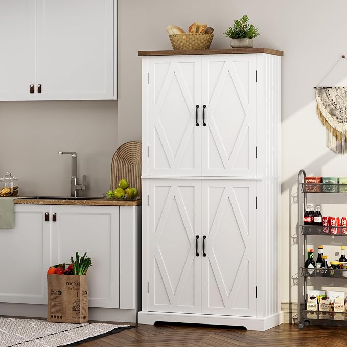 HOSTACK 64" Tall Pantry Cabinet, Modern Farmhouse Kitchen Pantry, Wood Bathroom - Image 4