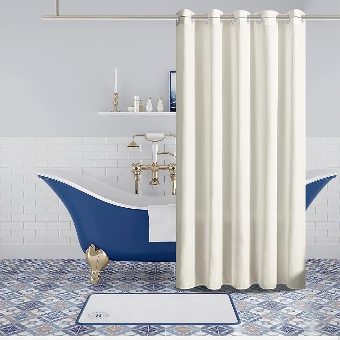 Furlinic No Hook Beige Shower Curtain, Polyester Fabric Bathroom Curtains - Image 4