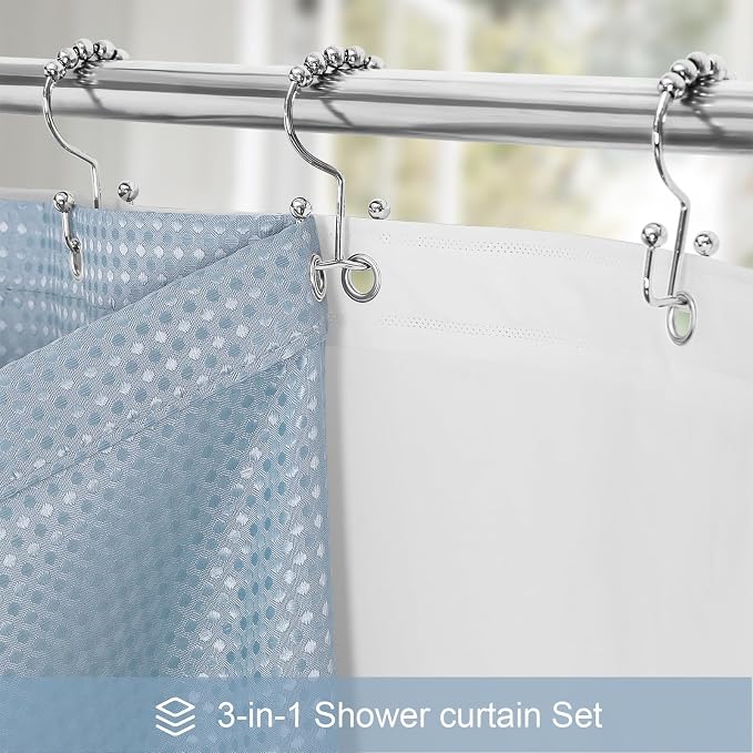 3 in 1 Shower Curtain Set, Fog Blue Waffle Shower Curtain and PEVA Liner Set - Image 2