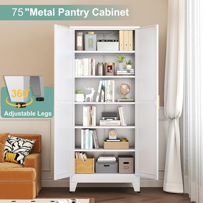 Metal Pantry Cabinet with 2 Doors and 5 Adjustable Shelves, Versatile Storage - Image 5