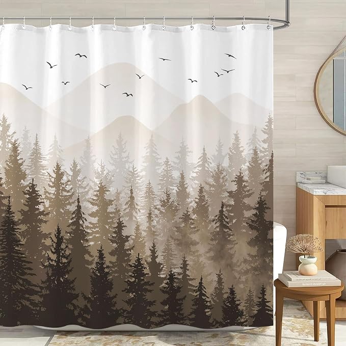 Aipon Brown Misty Forest Shower Curtain Ombre Nature Tree Plants Shower - Image 3
