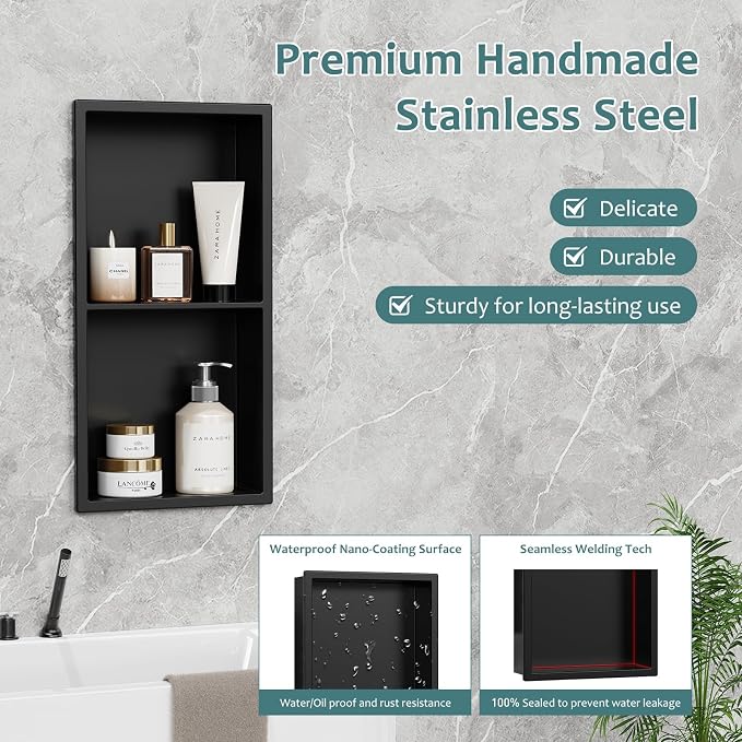 No Tile Needed Shower Niche, Recessed Black Stainless Steel Wall Cabinet Insert - Image 3