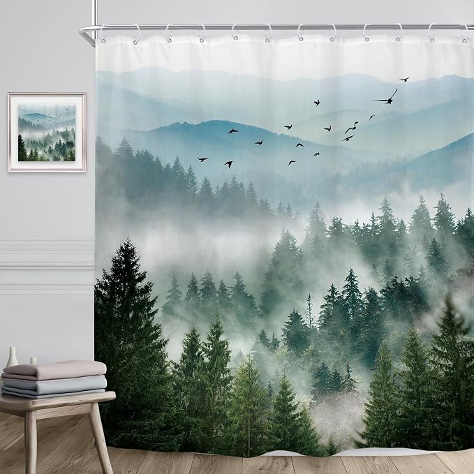 Riyidecor Green Mountain Shower Curtain 72Wx84H Inch Extra Long Nature Scenery - Image 3