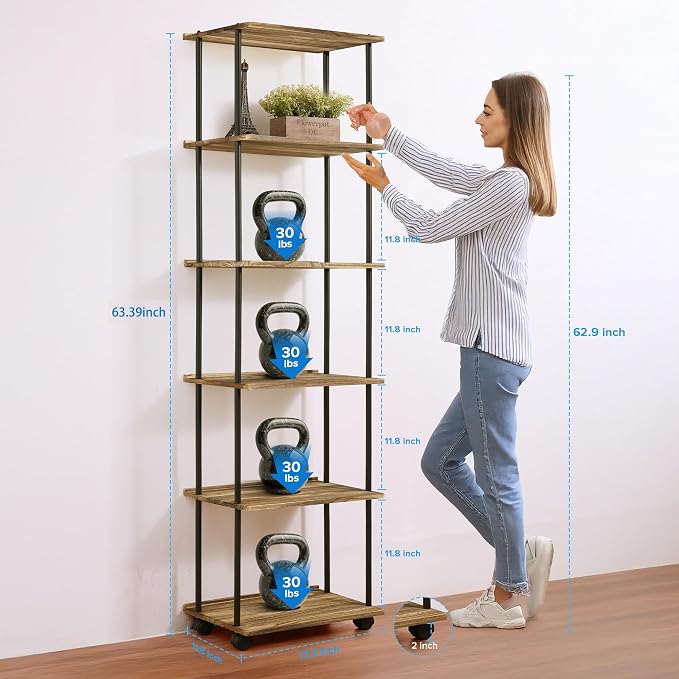 GETALL Tall Bookshelf with Wheels, 6 Tier Solid Wood Bookcase - Image 3