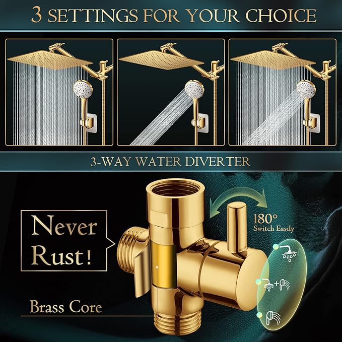 Shower Head, Powerful Shower Spray Against Low Pressure Water-Brushed Gold - Image 3