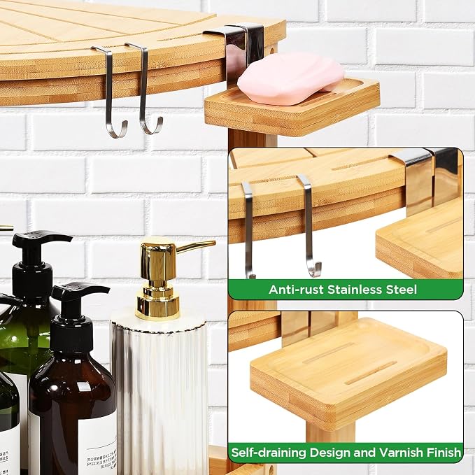 Ollieroo 2-Tier Bamboo Corner Shower Stool - Image 4