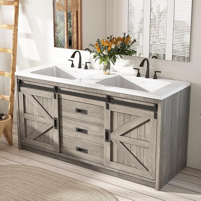60" Farmhouse Bathroom Double Vanity Sliding Barn Door by LUXOAKAddMoreStyletoHome