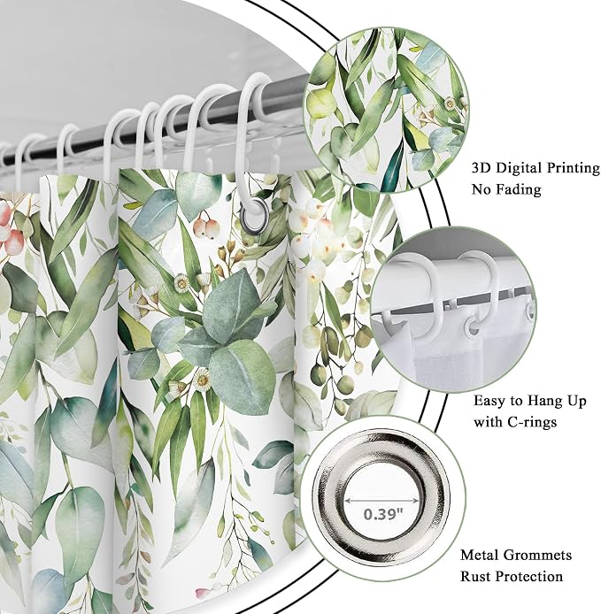 Riyidecor Sage Green Eucalyptus Leaves Shower Curtain - Image 5