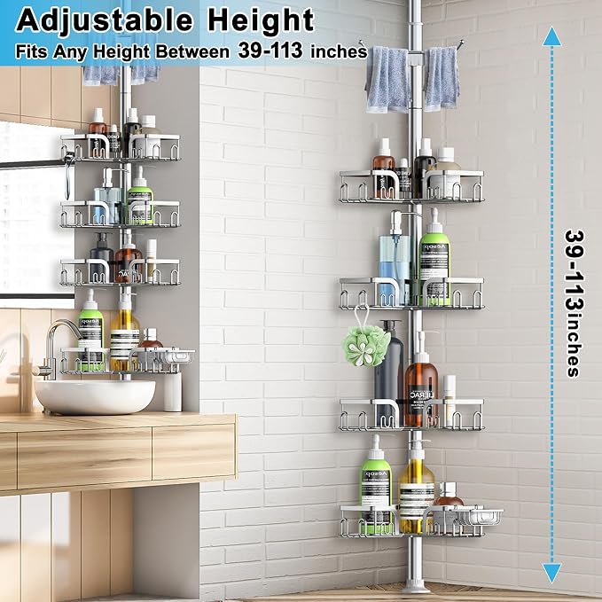 Corner Shower Caddy Tension Pole, 39-113 inch Adjustable Rustproof Floor - Image 3