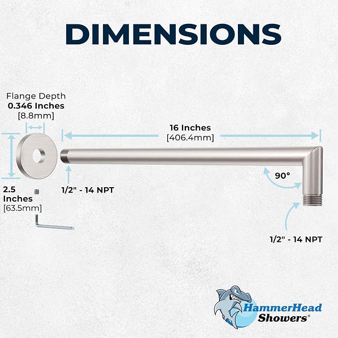 HammerHead Showers® Solid Metal 16 Inch Extended Shower Arm and Flange - Image 5