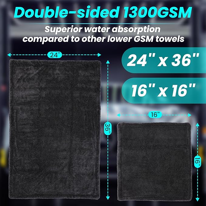 2 Pack 1300 GSM Car Drying Towel, Double-Sided Microfiber Towels - Image 2