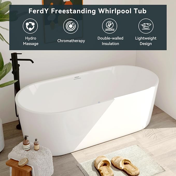 FerdY Shangri-La 67 Inch Freestanding Whirlpool Bathtub, Oval - Image 3