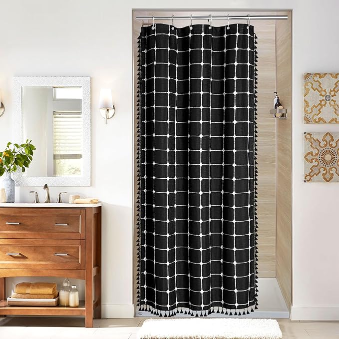 MitoVilla Boho Small Stall Shower Curtain 36 x 72, Narrow Polyester Linen by MitoVilla