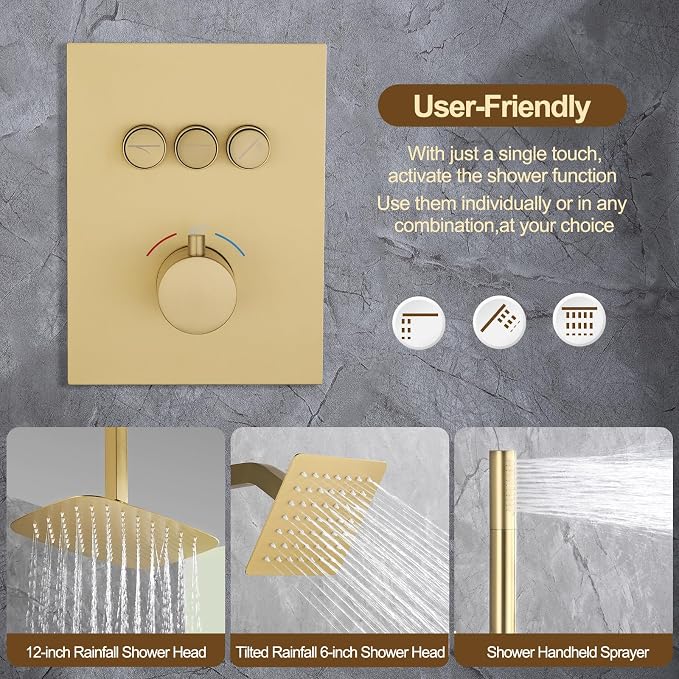 12 Inch Rain Shower System, Brushed Gold Shower Faucet Set - Image 3