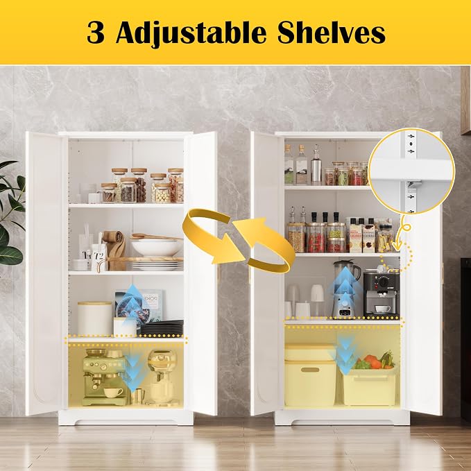 Kitchen Pantry Cabinet, 60”Metal White Storage Cabinets - Image 4