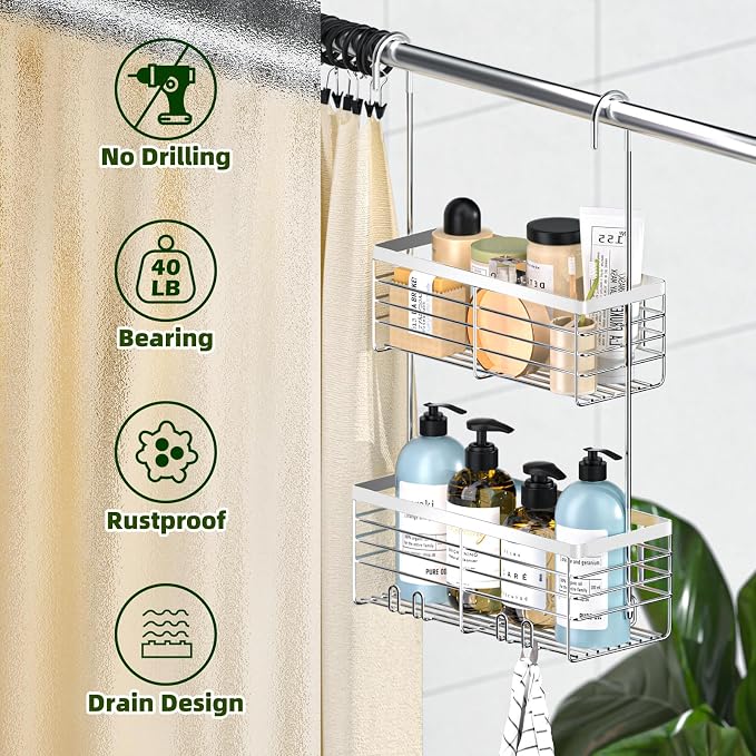 YUOROS Shower Caddy Hanging, 2 Tier Over the Door Shower Organizer Rack 304 - Image 2
