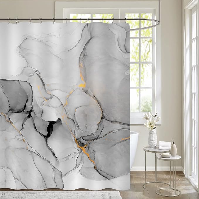 Gibelle Grey Marble Shower Curtain Set, Abstract Silver Gold Stripes Fabric by Gibelle