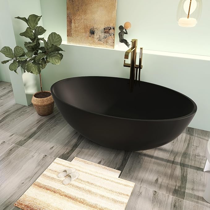 67" Premium Solid Surface Freestanding Bathtubs, Matte Black Oval Stone Resin - Image 3