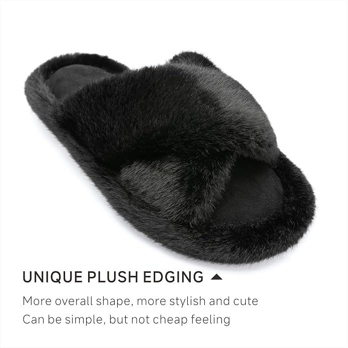 Chantomoo Womens Slippers Memory Foam Fuzzy Cross Band Faux Fur Slippers - Image 2