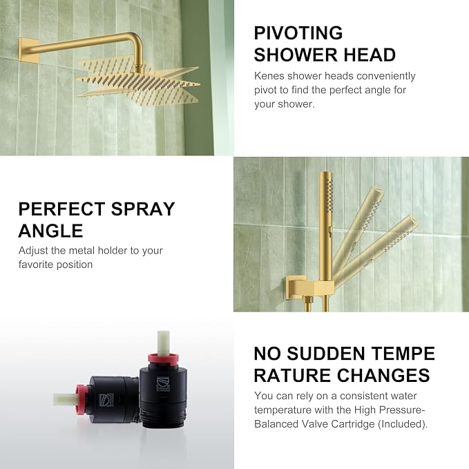 KENES Brushed Gold Rainfall Bathroom Shower System Rain Shower Head and Handle - Image 8