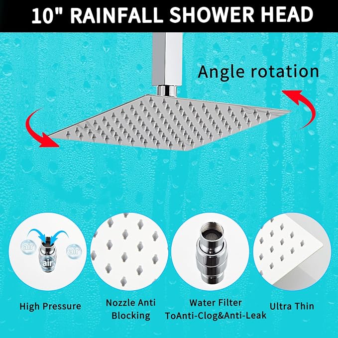 10 Inch Shower Faucet Set, Ceiling Mounted Rainfall Shower System - Image 5