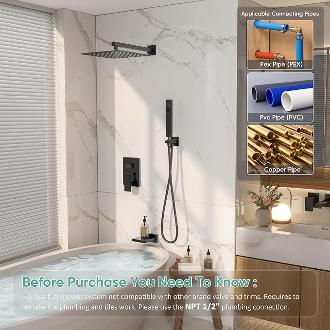 Black Shower System with Tub Spout, All Metal Tub Shower Faucet Set with 10" - Image 2
