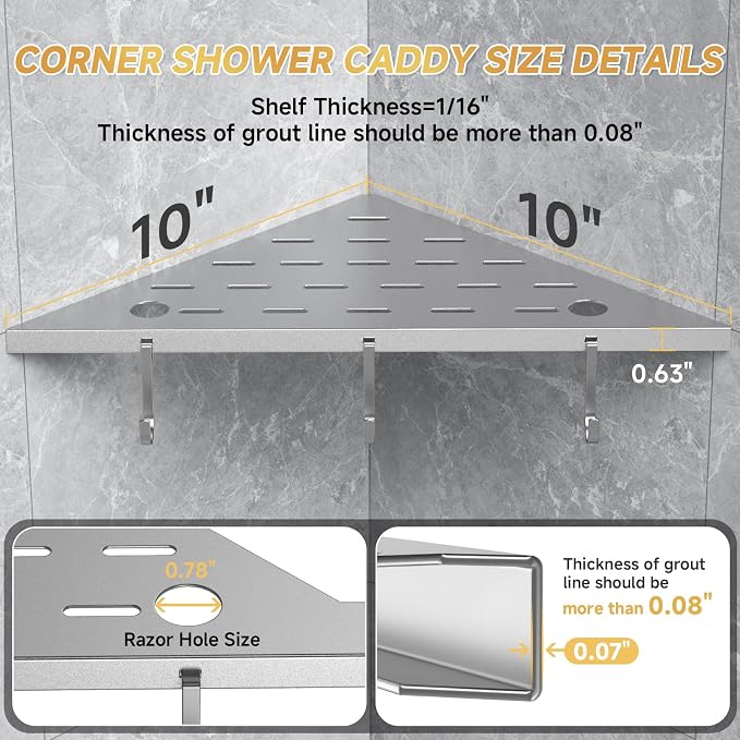 Corner Shower Shelf 10" Silver 304 Stainless Steel Recessed Shelf - Image 2