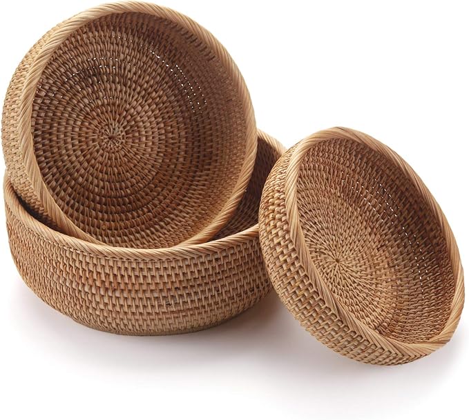 Round Rattan Fruit Baskets Woven Storage Bowls Key Holder Stackable - Image 7